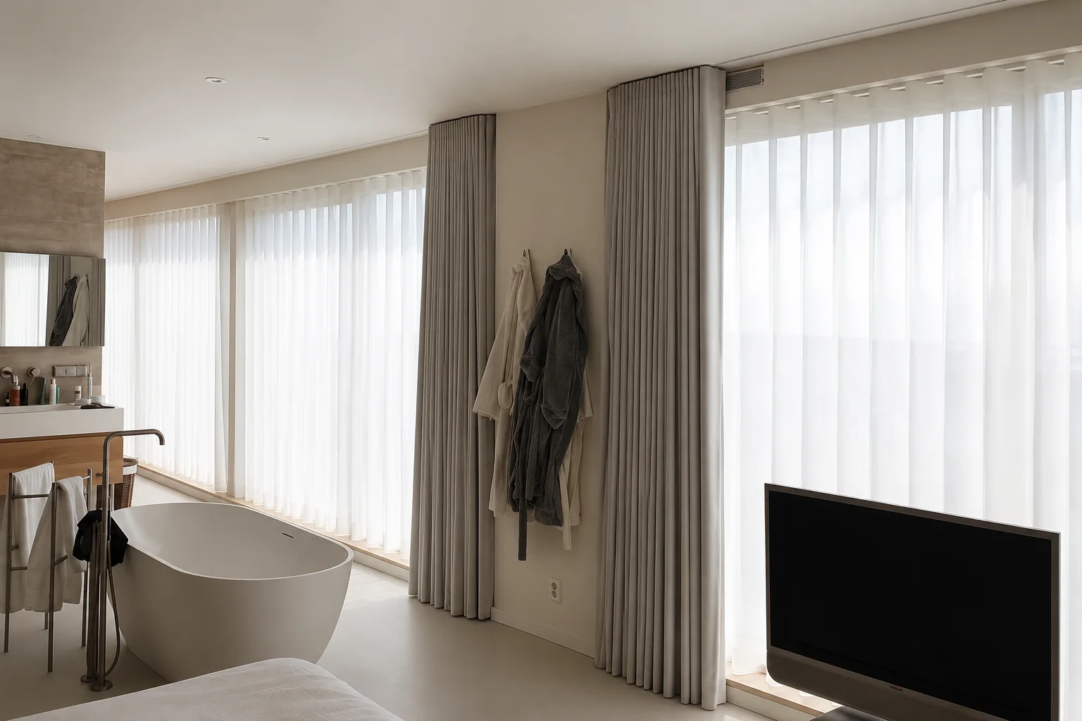 Transparante gordijnen in een badkamer