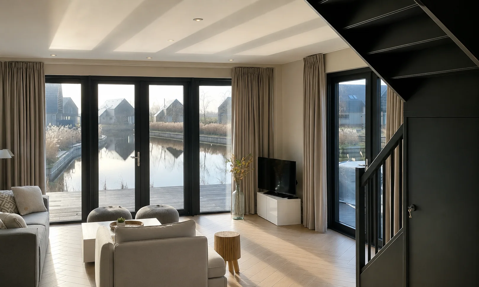 Elektrische gordijnen in een woning aan het water